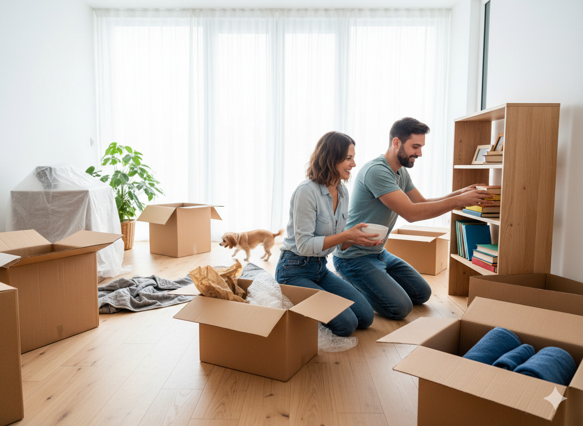 Unpacking boxes in a new home